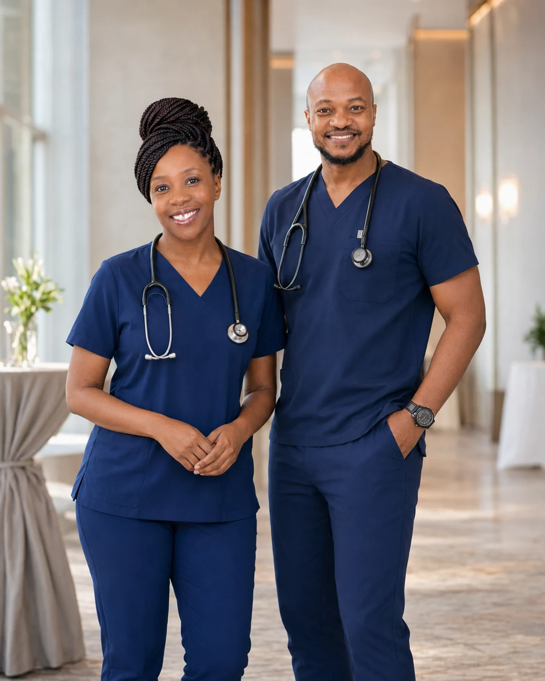 Joel and Annie together in nursing scrubs